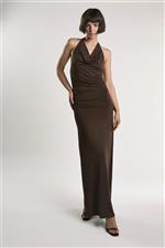 Glamorous abito lungo scollo america marrone