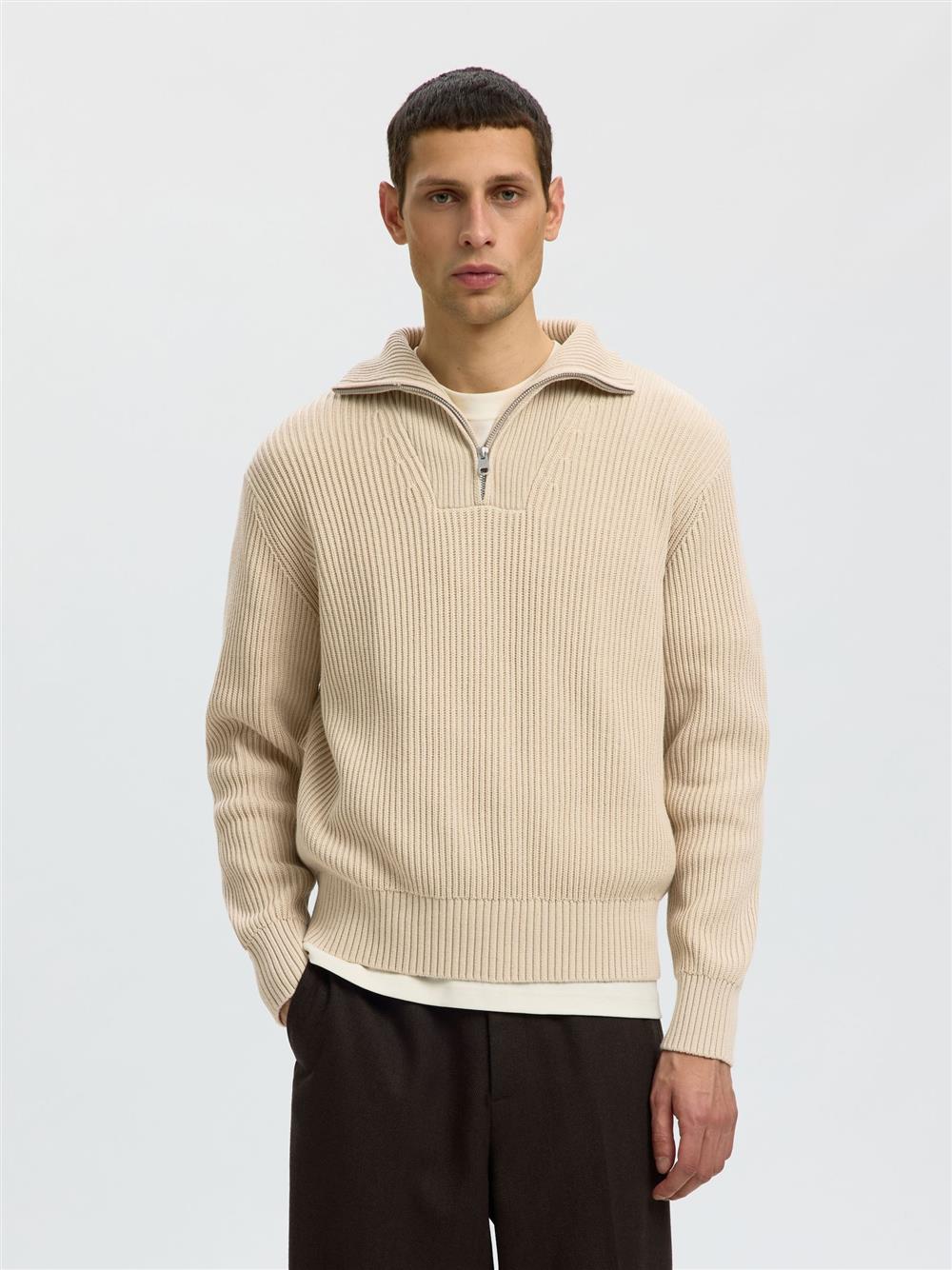 Selected_maglione_cotone_mezza_zip_ecru Selected maglione cotone mezza zip ecrù - immagine 1